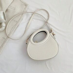 Veloura Minimalist Mini Round Cream Crossbody Bag  Striped Embossed Handbag Chic